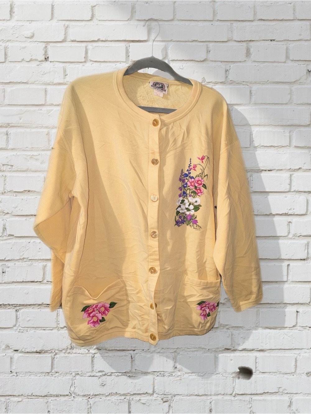 Vintage 90s Cottagecore Cotton Blend Yellow Floral Button-Front Women's Sweater